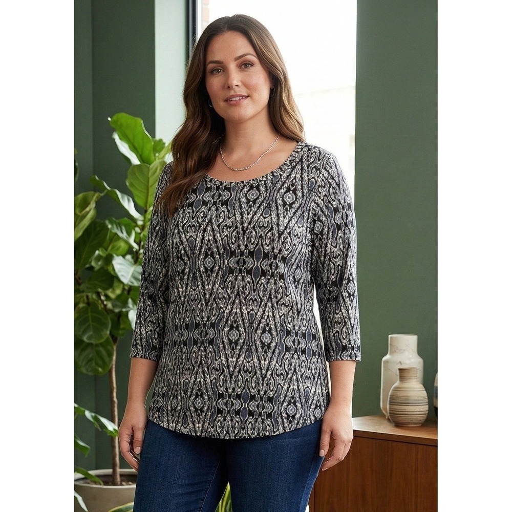 Salaam Womens 3/4 Sleeve Ikat Geometric Print Top Black White Size M Cottagecore